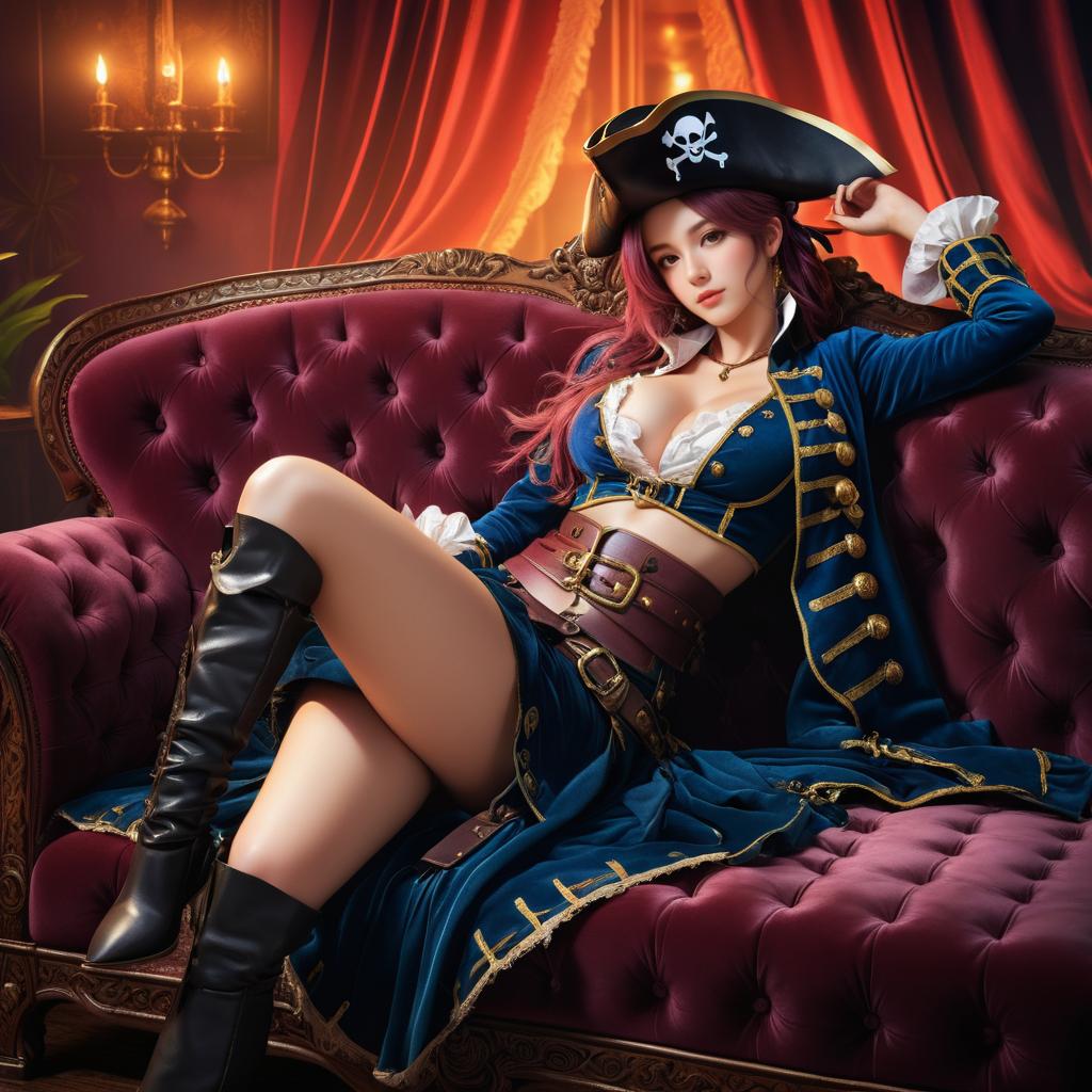 Seductive Buccaneer Pirate on Velvet Sofa