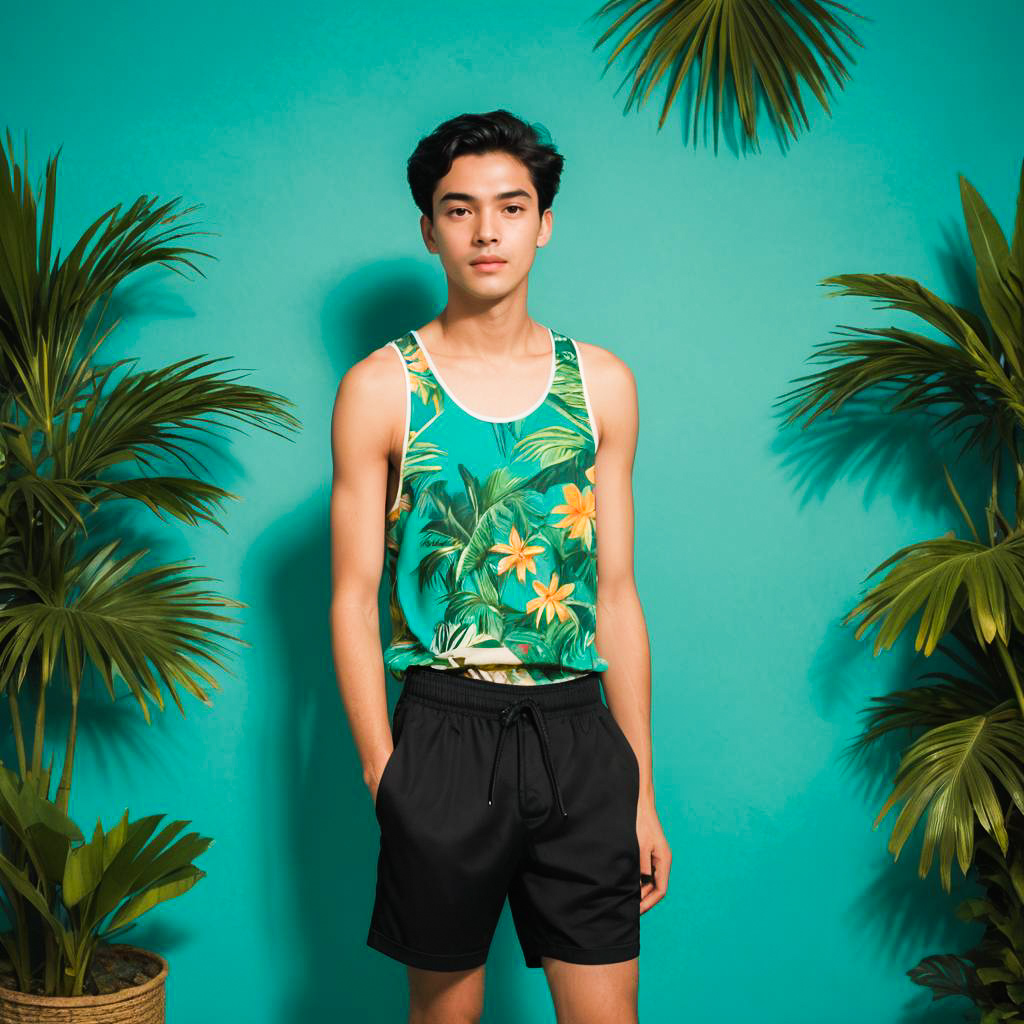 Tropical-Themed Portrait of Surprised Teen