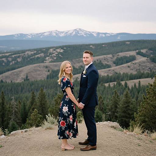 Photograph of a smiling couple holding hands, standing on a mountain overlook with snow-capped peaks and forested hills in the background, wearing formal attire