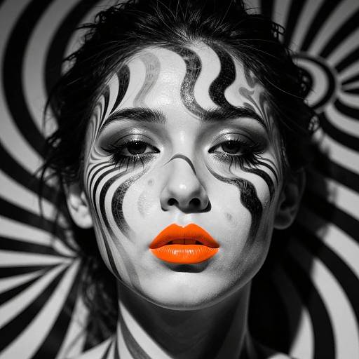 Photograph of a woman with white face paint, black tribal patterns, bright orange lipstick, and curly black hair against a black and white spiral background.