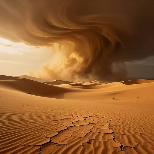 Photograph of a surreal desert landscape with cracked, orange sand dunes under a swirling, dark storm cloud illuminated by sunlight.