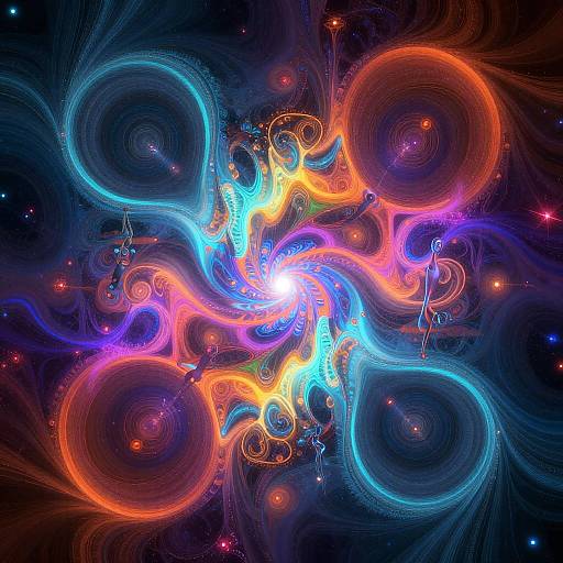 Digital abstract art of swirling, neon-colored vortex patterns in orange, blue, and purple, with bright white center and glowing stars.