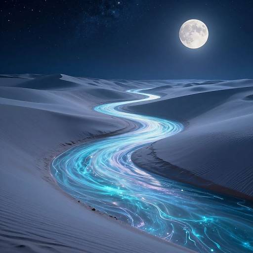 Digital artwork of a glowing blue river winding through snowy dunes under a bright full moon in a starry night sky.