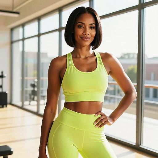 Photograph of a fit, dark-skinned woman with a short bob haircut, wearing bright yellow sports bra and high-waisted leggings, standing confidently