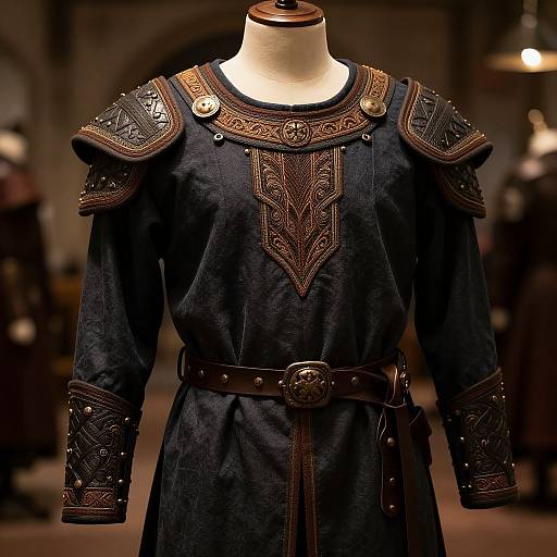 Photograph of a medieval-style black dress on a mannequin, featuring intricate brown embroidery, metal shoulder armor, and a leather belt.