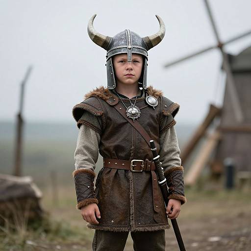 Photograph of a young boy in medieval Viking attire, wearing a metal horned helmet, brown leather tunic, and fur-trimmed sleeves,