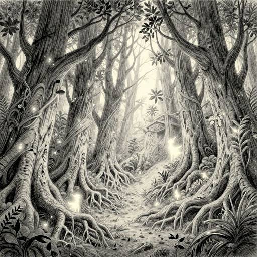 Black and white digital drawing of a dense, enchanted forest with twisting, gnarled trees, glowing fireflies, and intricate foliage. Light filters through