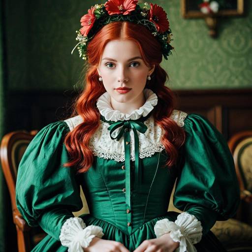 Victorian Woman in Green Dress with Floral Headpiece