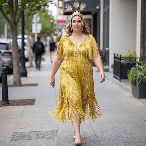 Photograph of a plus-sized woman in a fringed, yellow 1920s-style dress, gold headdress, and sandals, walking confidently down