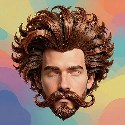 Digital artwork of a bearded man with voluminous, curly brown hair and closed eyes, set against a colorful, abstract rainbow background.