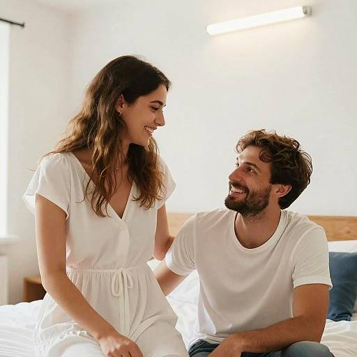Happy couple smiling in bright bedroom