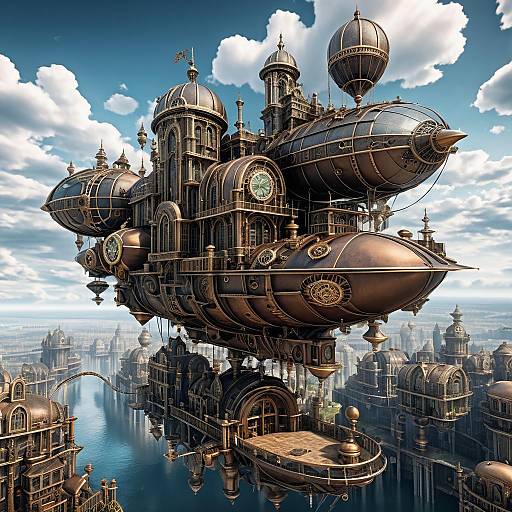 Steampunk Airship City in Cloudy Sky