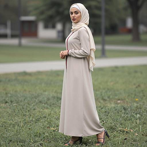 Elegant Woman in Beige Dress on Grass