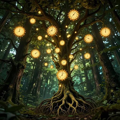 Clockwork Tree With Glowing Clocks in Forest