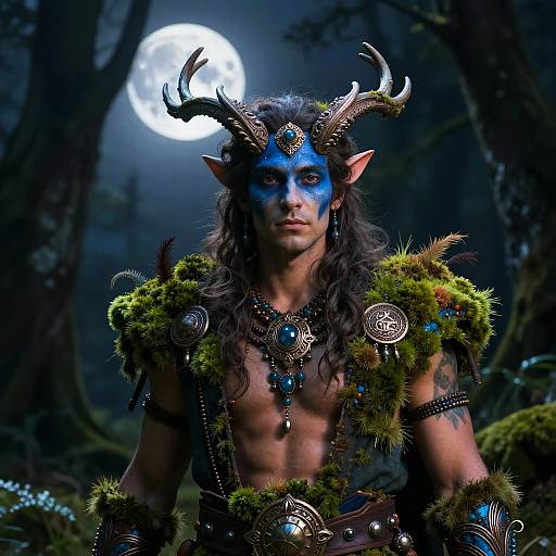 Photorealistic digital artwork of a muscular, blue-faced, horned forest creature with long dark hair, moss-covered armor, and glowing moonlit forest