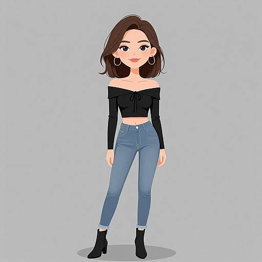 Digital illustration of a young woman with fair skin, brown hair, wearing a black off-shoulder crop top, blue jeans, and black ankle boots
