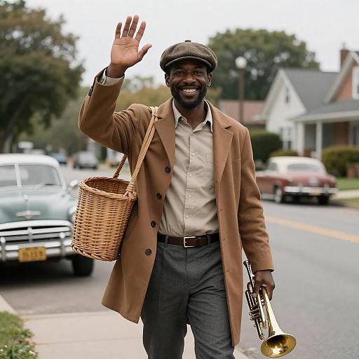 Smiling Man in Brown Cap with Trumpet