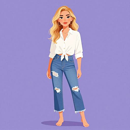 Digital illustration of a blonde woman with wavy hair, wearing a white tied blouse and blue, ripped jeans, barefoot, against a solid purple background