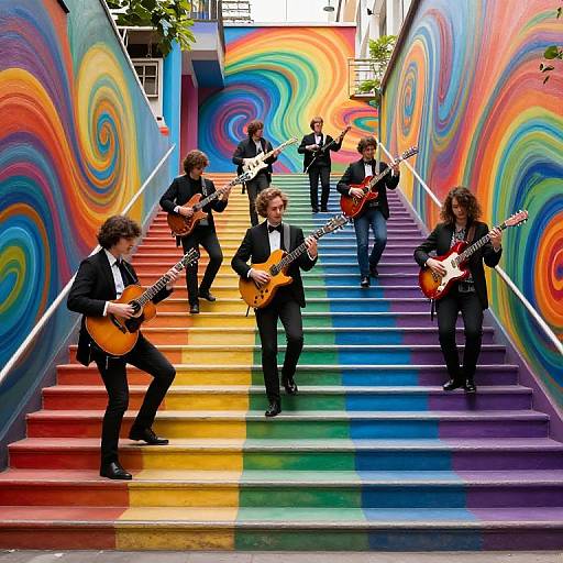Photograph of five men in black suits playing guitars on vibrant, rainbow-colored stairs with swirling psychedelic patterns on walls.