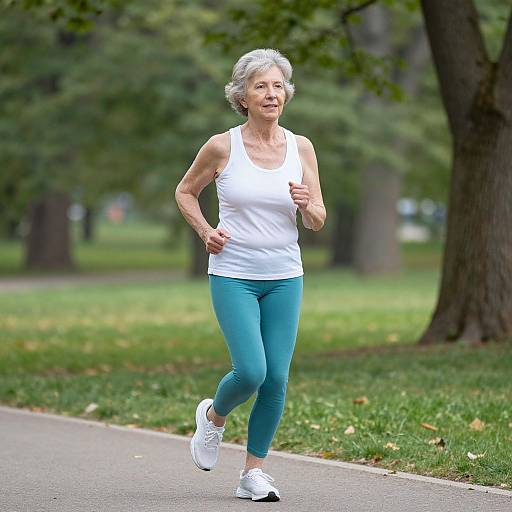 Photograph of an elderly woman with short gray hair, wearing a white tank top, teal leggings, and white sneakers, jogging on a park path surrounded