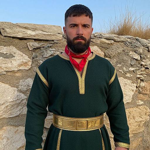 Photograph of a bearded man with dark hair in medieval black tunic with gold trim, red scarf, and gold belt, standing against a rocky