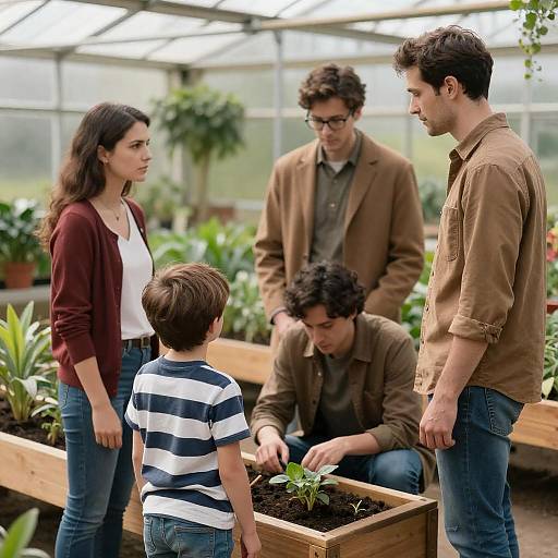 Family Gathering in a Lush Greenhouse