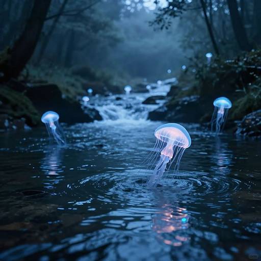 Photograph of glowing blue jellyfish floating in a dark, misty forest stream with a cascading waterfall in the background.