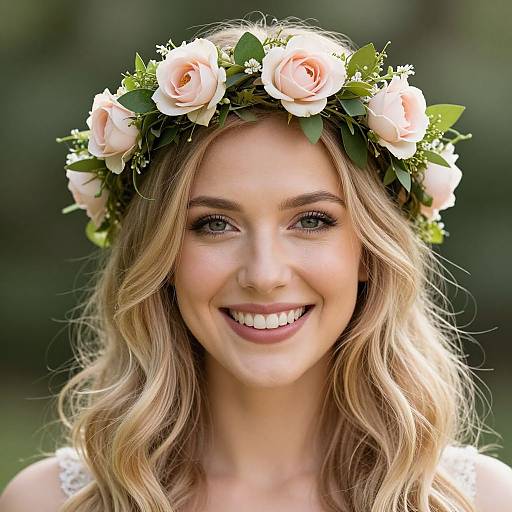 Photograph of a smiling woman with wavy blonde hair, wearing a pink rose and green leaf crown, in a blurred outdoor background.