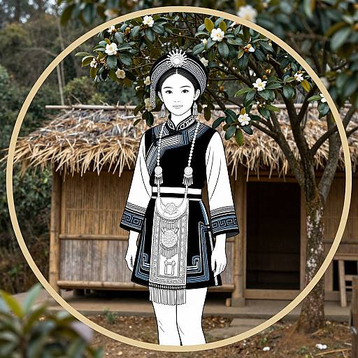 Black-and-white digital drawing of a traditional Asian woman in embroidered dress, standing in front of a wooden hut with thatched roof, framed by a circular