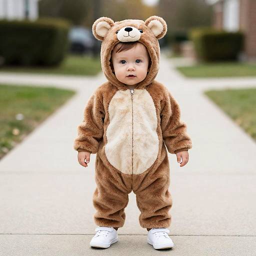 Baby in Bear Costume on Sidewalk