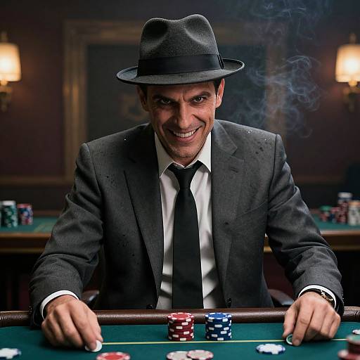 Photograph of a smiling, dark-haired man in a black suit, tie, and fedora, dealing poker chips at a dimly lit casino table