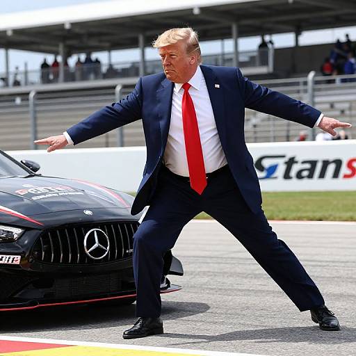 Photograph of a man with blond hair, in a navy suit, white shirt, and red tie, striking a dramatic pose beside a black Mercedes-