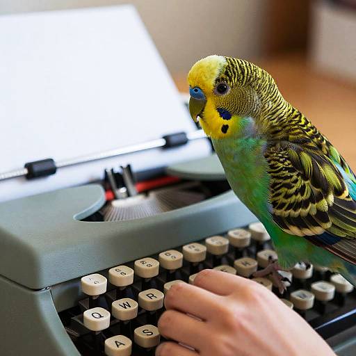 Photograph of a vibrant green and yellow parakeet perched on a gray typewriter, with a human hand typing on the keys. Bright,