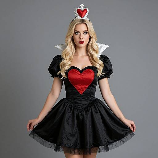 Photograph of a blonde woman in a black dress with a red heart bodice, silver tiara with heart, gray background.
