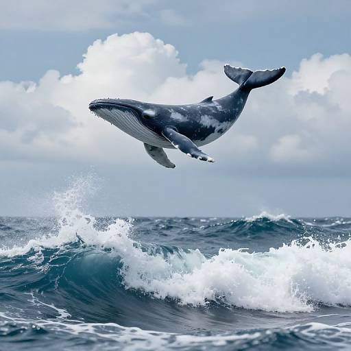 Photograph of a gray humpback whale leaping out of a blue ocean wave, with white foam and a cloudy sky background.