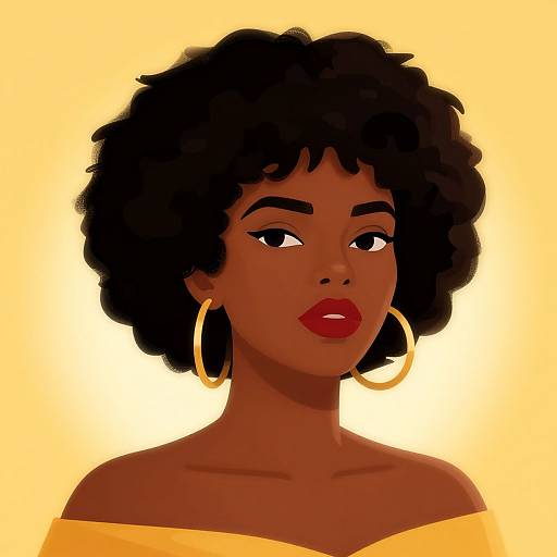 Digital illustration of a dark-skinned woman with a curly afro, red lips, gold hoop earrings, and yellow off-shoulder top against a