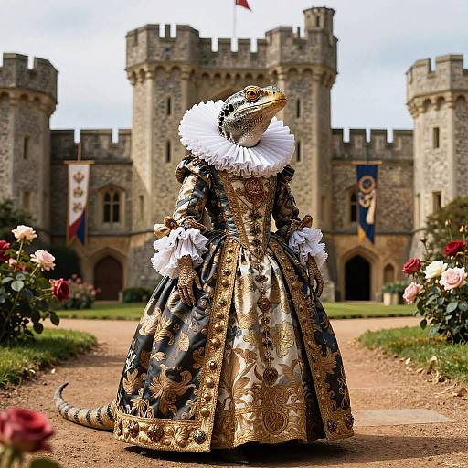 Photograph of a lizard in an ornate, gold and black Renaissance-style gown with white ruffled collar, standing on a castle path with blooming