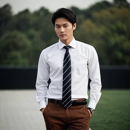 Asian Man in Formal Attire Outdoors