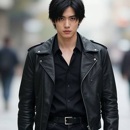 Photograph of an Asian man with black, messy hair wearing a black leather jacket over a black shirt, standing on a blurred city street. Intense