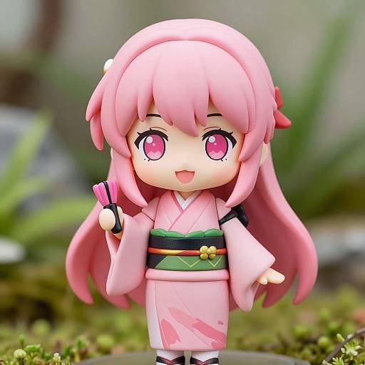 Chibi-style photograph of a pink-haired anime girl in a pink kimono with a green-belt and black accents, holding a pink and black fan