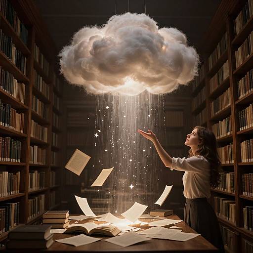 Photograph of a woman in a library, reaching up at a glowing, cloud-like light pouring down papers and stars onto a wooden table.
