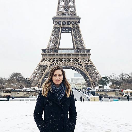 Photograph of a smiling woman with light brown hair in a black coat and scarf, standing in front of the Eiffel Tower in a snowy Paris