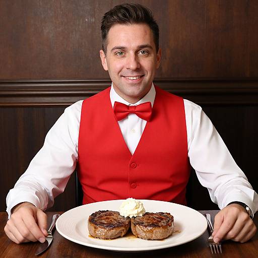 Photograph of a smiling male waiter with dark hair, wearing a red vest, white shirt, and red bow tie, serving two grilled burgers on a