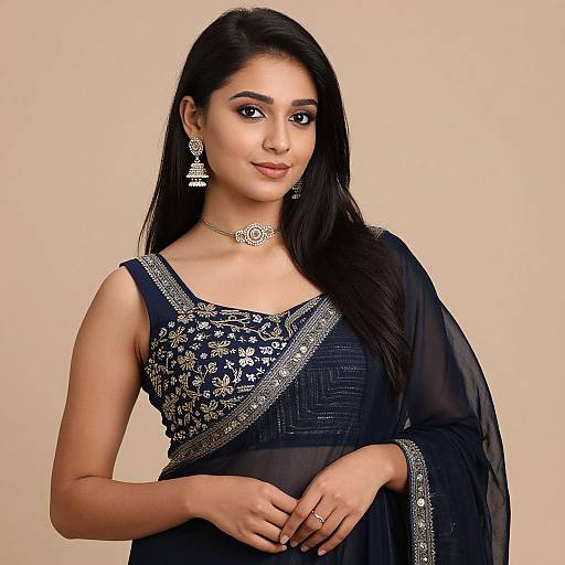 Photograph of a South Asian woman with long black hair, wearing a black embroidered saree, silver jewelry, and a subtle smile.