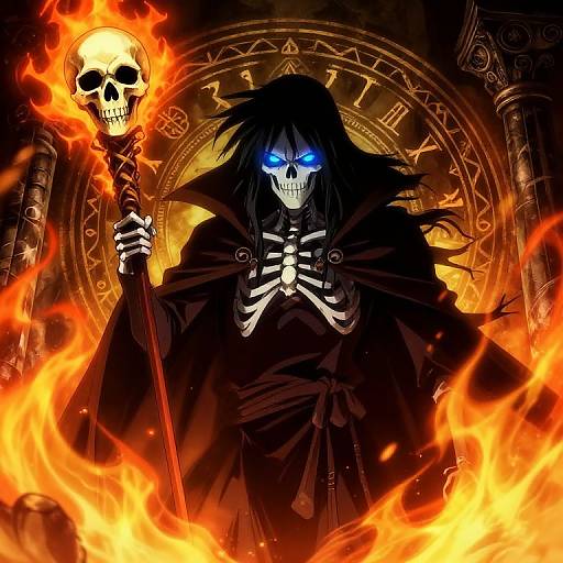Digital artwork of a skeletal figure with glowing blue eyes, holding a flaming skull staff, surrounded by intense orange flames and a magical, circular, golden backdrop