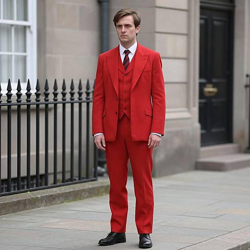 Photograph of a young Caucasian man in a vibrant red three-piece suit, white shirt, black tie, and black shoes, standing on a city sidewalk