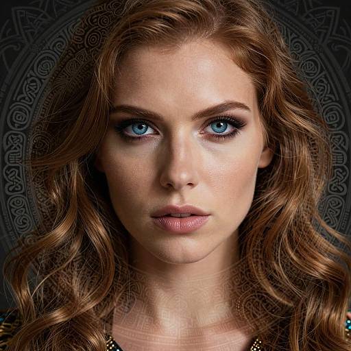 Photograph of a fair-skinned woman with striking blue eyes, wavy auburn hair, and neutral expression, set against a detailed, dark