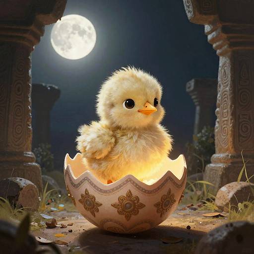 Whimsical Chick Hatching Under Moonlight
