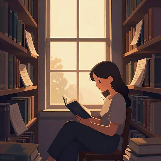 Digital anime-style drawing of a long-haired woman reading a book in a sunlit library, surrounded by shelves of books.