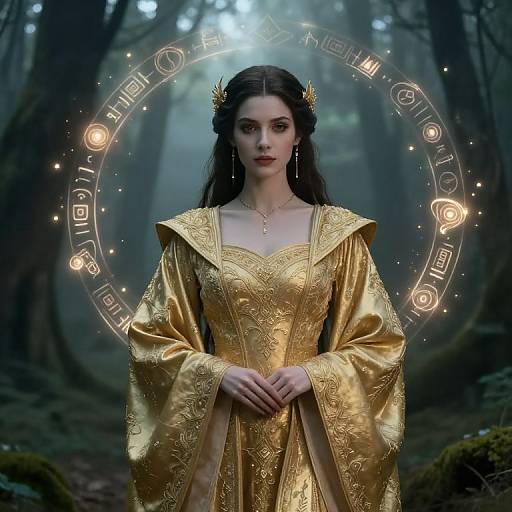 Digital artwork of a fair-skinned woman with dark hair, wearing a gold, ornate medieval dress, standing in a mystical forest with glowing runes and